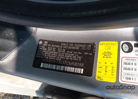 2007 BMW 530I z USA, uszkodzony, nr VIN WBANE73537CM58788